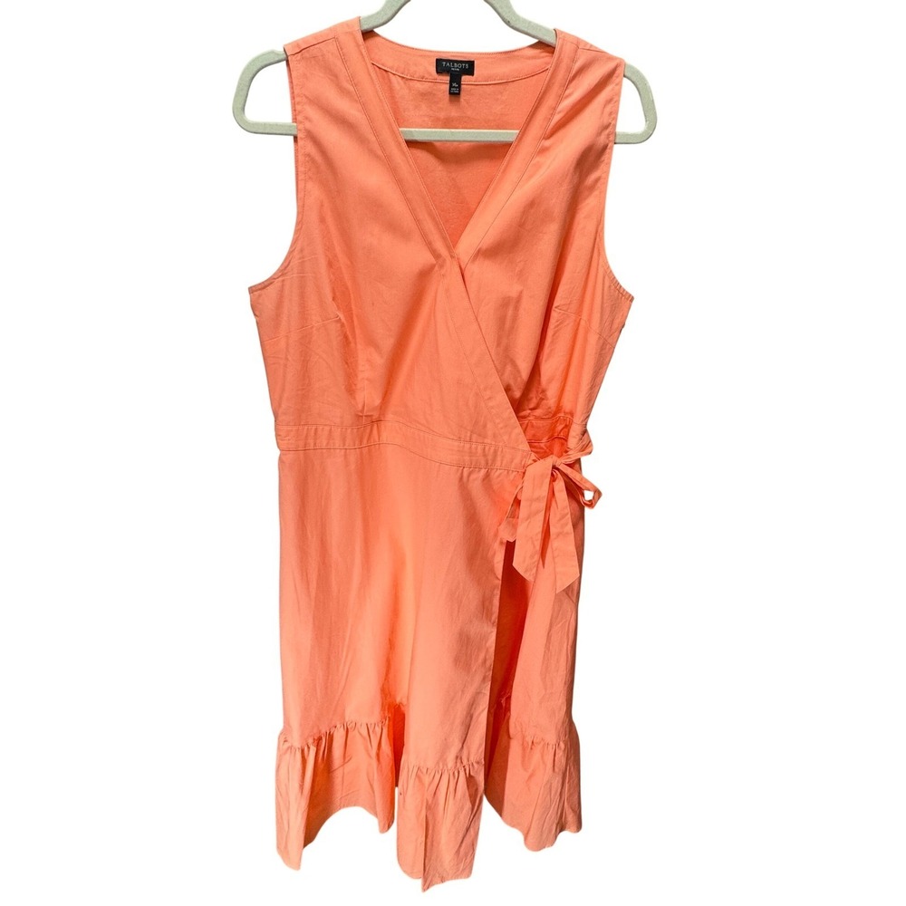 Talbots Dress Women 14P Orange Cotton Wrap Ruffle Hem Sleeveless Coastal Preppy